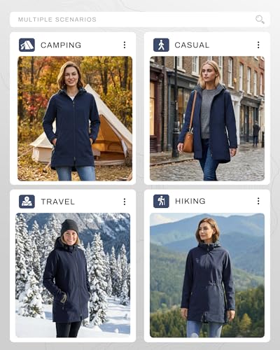 Outdoor Ventures Women's Softshell Jacket with Removable Hood Fleece Lined Windbreaker Insulated Long Warm Rain Jacket - color: Blue, size: Medium