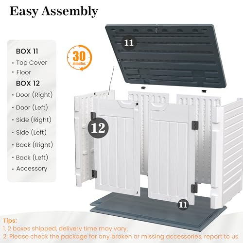 Amopatio Premium Resin Outdoor Storage Shed, 35 Cu Ft, White | Horizontal, Trash Can Storage, Weather Resistance, W/Lock, For Garbage Cans, Garden Tools, Lawn Mowers, Patio