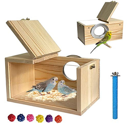 Transparent Parakeet Nesting Box,Wooden Parrot Nest Breeding Box with Perch Natural Bird House for Cage Suitable for Lovebirds Cockatiels Canaries - size: Small