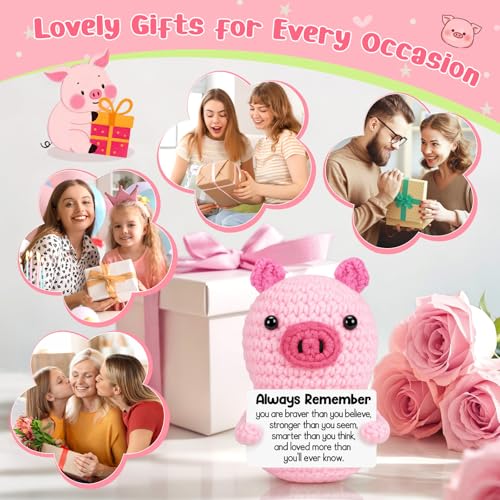 Mini Funny Birthday Handmade Crochet Pink Pig Encouraging Gift for Women | Back to School Gift for Student,Teacher Graduation Inspirational Cheer Up Support Gift for Girl Teen Friend Her Coworker - style: Always Remember