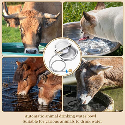 Bokon 2 Sets Automatic Animal Drinking Water Bowl, 304 Stainless Steel Waterer for Dog Cattle Goat Pig, Livestock Water Trough Dispenser with Pipe Hose, 4 Float Valves, Quick Connecter, Expansion Bolt