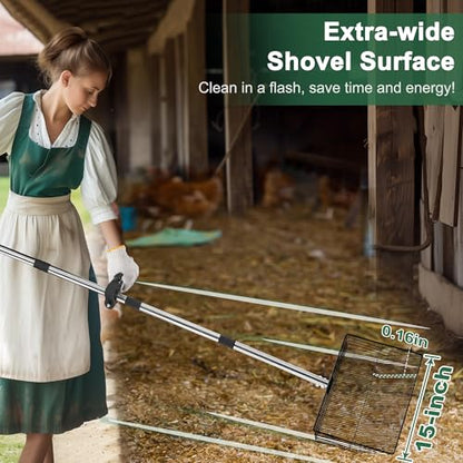 15-inch Large Chicken Poop Scooper, 5 in 1 Adjustable Chicken Coop Scoop with Ergonomic Grip, 24" to 77" Long Stainless Steel Sifting Litter Shovel Pooper Scooper Chicken Coop Accessories