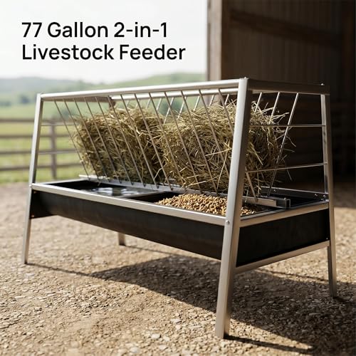 77 Gallon Hay Feeder, 2-in-1 Livestock Feeder for Goats Sheep Calves Horses, Stainless Steel Goat Feeder with Rubber Trough