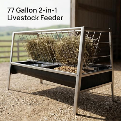 77 Gallon Hay Feeder, 2-in-1 Livestock Feeder for Goats Sheep Calves Horses, Stainless Steel Goat Feeder with Rubber Trough