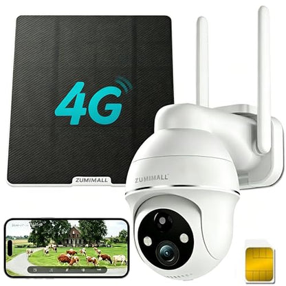 ZUMIMALL 4G LTE Cellular Security Camera, No WiFi Outdoor Camera Wireless, Solar Powered Off Grid Cameras, 360° Live View, 2K Color Night Vision, PIR Motion Sensor, 2 Way Talk, Built in SIM Card - color: White - 4G LTE Solar Cam