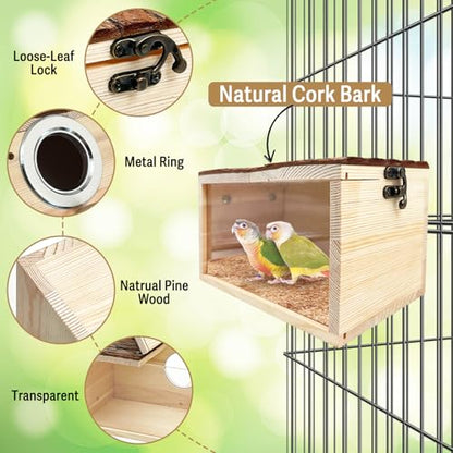 Tfwadmx Parakeet Nesting Box - Wooden Parrot Nest for Cockatiel, Lovebirds, Budgie, Conure - Acrylic Transparent Bird House With Perch for Breeding