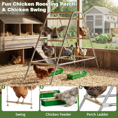 Wooden Chicken Perch with Swing – Large Multi-Level Roosting Bars for 8-12 Chickens, Durable Wood & Rustproof Hardware Outdoor Coop Stand, Easy Assembly Backyard Chicken Accessories