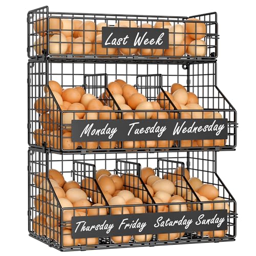 keomaisyto Egg Holder Countertop with 5 Dividers & DIY Nameplate to Separate Eggs, 3 Tier Stackable Wire Storage Baskets for Gathering Fresh Eggs, XXL Large Egg Rack, Wall-Mounted (Patent Pending) - color: Black, size: 3-Tier X-Large