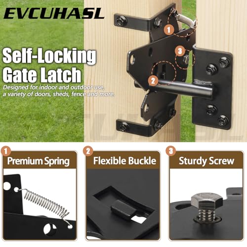 Self Locking Gate Latch, Heavy Duty Post Mount Automatic Gravity Gate Lock Door Latch, Gate Hardware for Secure Pool/Yard/Garden, Steel, Black Finish