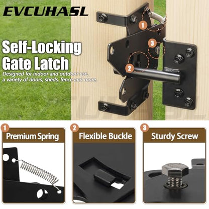 Self Locking Gate Latch, Heavy Duty Post Mount Automatic Gravity Gate Lock Door Latch, Gate Hardware for Secure Pool/Yard/Garden, Steel, Black Finish