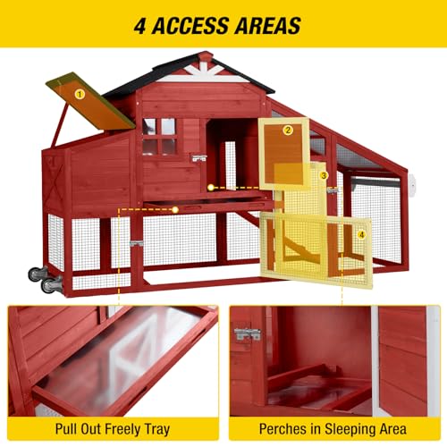 Aivituvin Chicken Coop Mobile Chicken House on Wheels Expandable Wooden Poultry Cage with Large Nesting Box Leakproof Pull-Out Tray Rabbit Hutch Bunny Cage,UV-Resistant Roof - size: Red 73.38"L x 27.9"W x 43.2"H