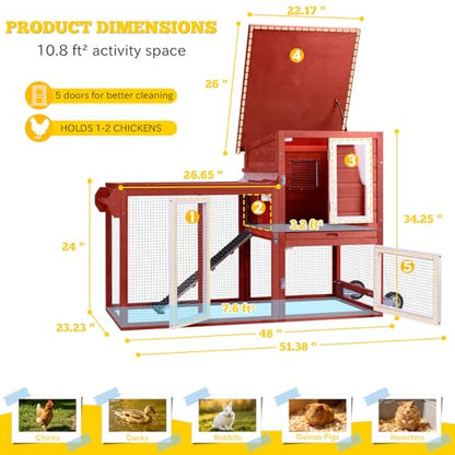 Mobile Chicken Coop with Wheels for 1–2 Chickens,Rabbit Hutch Indoor Outdoor, Small Chicken Coop Bunny Cage with Run, Waterproof Asphalt Roof & UV-Resistant Roof, Pull-Out Tray, Red