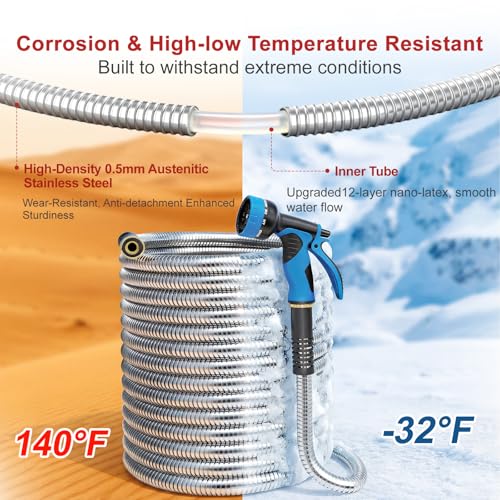 Lefree 100ft Metal Garden Hose - Heavy Duty 304 Stainless Steel Flexible Water Hose, No Kinks & Leak-Proof with Upgraded Handle, 10-Function Spray Nozzle & 4 Spare Gaskets for Yard, RV, Pet Bath - color: Silver, size: 100FT