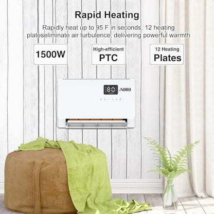 Wall-Mounted Space Heater with ECO Thermostat and Remote Control, LED Display, 60°/90°/120° Oscillation Modes, 24-Hour Timer, Indoor Electric Space Heater - size: 16.5" W