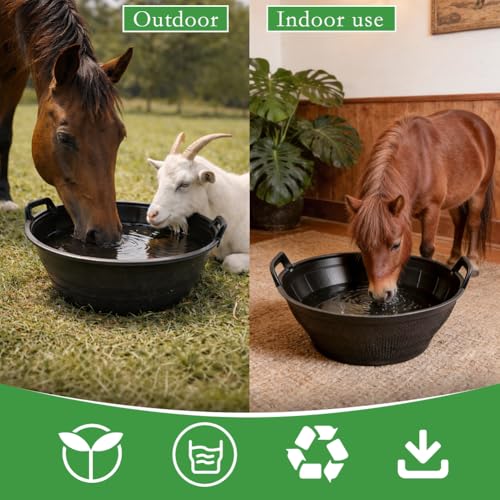 4Pcs Large Rubber Feeder Pan, 3 Gallon Horse Feed Bucket Water Bowl, Heavy Duty Horses Feed Bucket Dog Bowl Horse Feeder Pan for Cats Dogs Goats Chicken Dust Bath Container Farm Animal Feeding