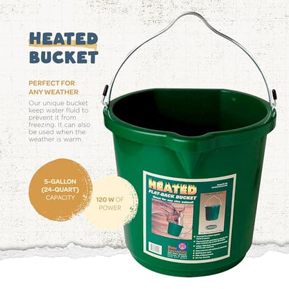 Farm Innovators 4 Pack Heated Water Bucket, 120W Heating Power - Flat Back 5 Gallon Plastic Bucket with Cord Storage for Livestock Watering & Feeding