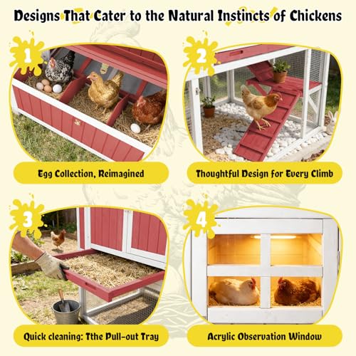 Large Chicken Coop with 4 Nesting Boxes for 4-6 Hens, Wooden Outdoor Hen House Chicken Tractor with Pull-Out Tray, 3 Perches, Expandable Backyard Chicken Run - size: 53.0"L x 35.0"W x 53.0"H