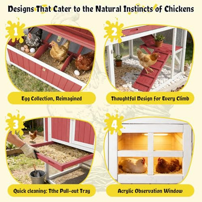 Large Chicken Coop with 4 Nesting Boxes for 4-6 Hens, Wooden Outdoor Hen House Chicken Tractor with Pull-Out Tray, 3 Perches, Expandable Backyard Chicken Run - size: 53.0"L x 35.0"W x 53.0"H