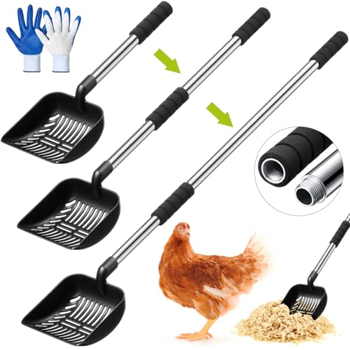 Willinglong 48 Inch Metal Chicken Coop Pooper Scooper (16 to 48 Inch) Long Handle Scooper with Detachable Stainless Steel Long Handle Gloves Accessory for Cleaning Chicken Coop(Black) - color: Black