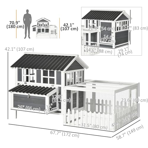 PawHut Wooden Chicken Coop with Run for 1-2 Chickens, Hen House with Nesting Box, Removable Tray, Fence, Outdoor Poultry Cage, 68" x 59" x 42", Gray