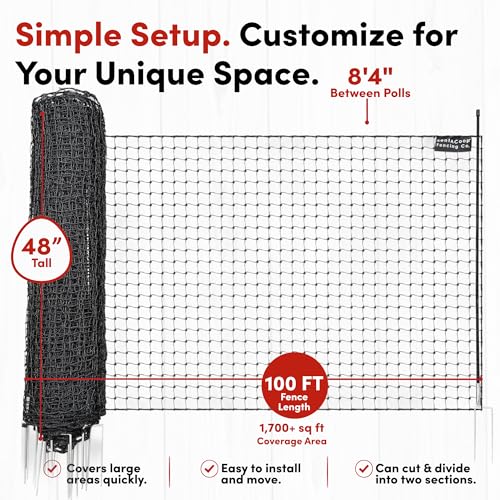 RentACoop Non-Electric Chicken Fence Netting, 48" x 100' Portable Black Poultry Fence, Plastic Mesh Garden Fence Animal Barrier for Chickens, Ducks, Dogs, Suitable for Gardens & Backyards