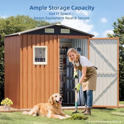 6x4FT Outdoor Storage Shed, Metal Garden Shed with Updated Frame Structure, Lockable Door and Window, Large Tool Shed for Backyard, Patio,Lawn,Utility & Bike Storage - size: 6x4 FT (No Base)