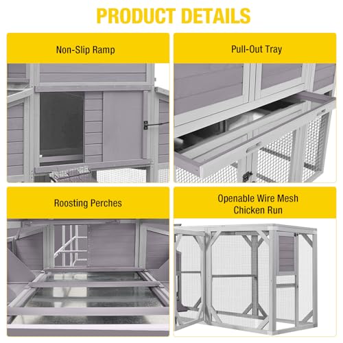 Aivituvin Extra Large Chicken Coop for 6-10 Chickens, Reinforced Outdoor Wooden Hen House with Run, 6 Nesting Boxes, Easy Clean Pull-Out Tray, Waterproof Asphalt Roof - Grey, 118" L x 26" W x 50" H - size: 118.0"L x 26.0"W x 49.5"H