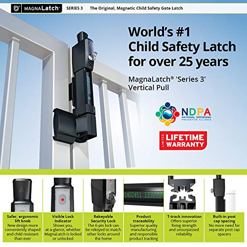 D&D Technologies ML3VPKA MagnaLatch Vertical Pull 12-inch Gate Latch, Magnetic Lock System, Professional-Grade Child & Pet Safety Gate Latch, Rekeyable Security Lock System, Square Gate Frame and Post