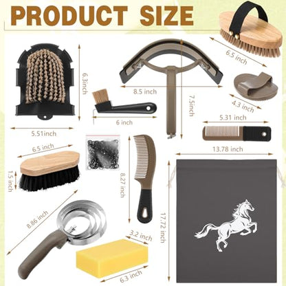 Abbylike 12 Pieces Horse Grooming Kit Racing Festival Tack Room Supplies Horse Brush Sets Equine Care Cleaning Kit Shedding Grooming Massaging Tools(Dark Gray) - color: Dark Gray
