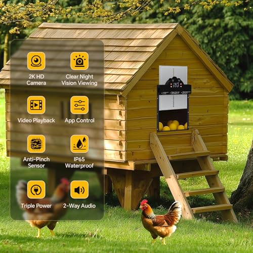 Automatic Chicken Coop Door Solar Powered with 2K Camera & Night Vision, IP65 Wireless Auto Door Opener, 6-Month Battery, APP Control, 2-Way Audio, Anti-Pinch Design (Carbon Black) - color: Carbon Black