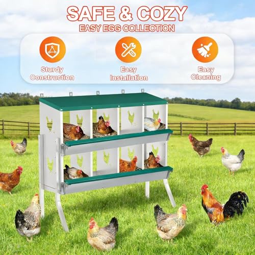 Garvee Large Metal Chicken Nesting Boxes for Hens, 8 Compartment Galvanized Steel Nesting Box with Legs, Includes 4 Fake Eggs & 10 Soft Nest Pads, Wall Mount or Freestanding for Coop & Farm - style: 8 Holes w/ Legs