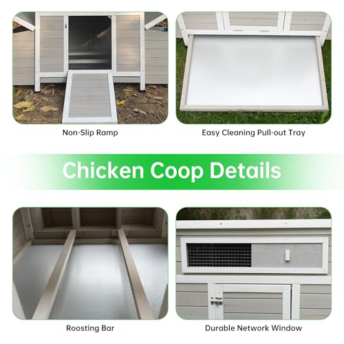 Chicken Coop, 58" Wooden Chicken Coop with 2 Sides Large Nesting Boxes for 4-6 Chickens, Poultry Hutch Rabbit Cage with No-Slip Ramp & Pull-Out Tray for Outdoor Farm Yard (White Grey) - color: White Grey