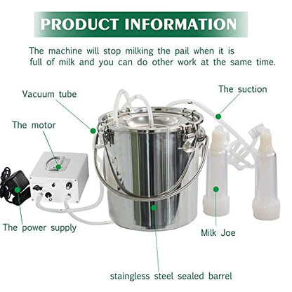 7L Goat Milking Machine, Regchargeable 13200mAh Battery & Ajustable Scution Electric Automatic Pulsation Vacuum Milker 2 Teat Cups Stainless Steel Bucket for Goats（Upgraded Model）