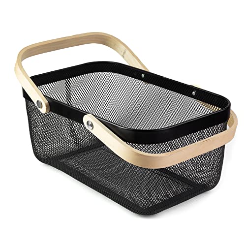 Portable Garden Harvest Basket-Mesh Design Natural Bamboo Handle Wire Storage Baskets,Mesh Basket with Handle Organize Items Reduce Space Occupation,Suitable for Kitchen,Garden,Picnic(Black) - color: Black