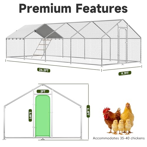 Large Metal Chicken Coop with Roosting Perch, Waterproof and UV Protection Cover, Chicken Run Outdoor Walk-in Cage Chicken Rabbit Duck Hen House for Yard Farm Use Spire Roof (10’ W x 26.2’ L x 6.4’ H) - size: 315.0"L x 118.0"W x 78.0"H