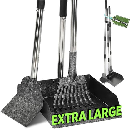 T2Y Pooper Scooper for Large Dogs, Rake & Spade & Extra Large Tray Set | 48" Tall No-Bend | 9.4'' Large Tray | Stainless Steel | Adjustable | Works on Grass, Gravel & Dirt | Easy to Install - size: Rake & Spade & Large Tray