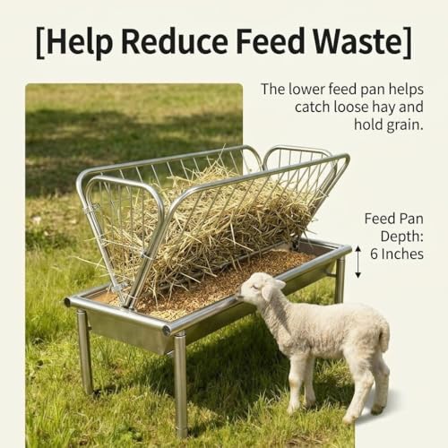 Galvanized Steel Hay Feeder, 2 in 1 Outdoor Livestock Feeder with Extra Wide Feed Pan, Durable Pasture Feeder for Goats Sheep Horses Calves Cows Ponies