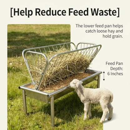 Galvanized Steel Hay Feeder, 2 in 1 Outdoor Livestock Feeder with Extra Wide Feed Pan, Durable Pasture Feeder for Goats Sheep Horses Calves Cows Ponies