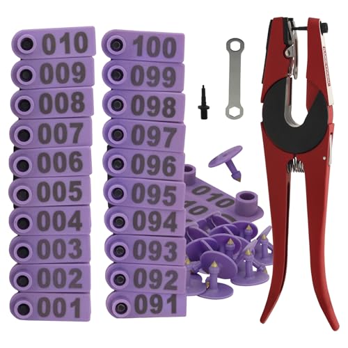 Livestock Ear Tag Pliers Tool, 001-100 Number Plastic Tags Sheep Ear Tag, with Spare Pins Ear Tag Applicator for Sheep Pig Livestock Dog Animal Deer Farm Horse Cow Cattle (Purple) - color: Purple