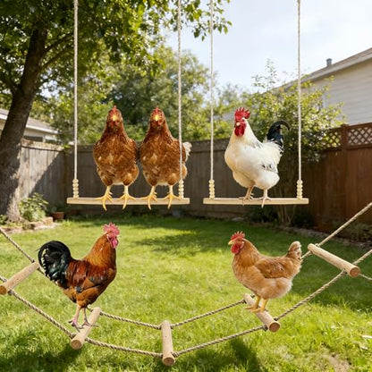 3 Pack Chicken Boredom Buster, Natural Wooden 2 Swing and Ladder Set for Coops, Essential Enrichment Accessories for Hens, Chickens and Parrots