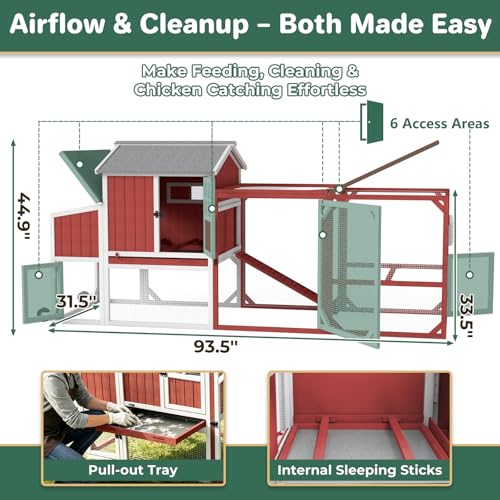 Large Chicken Coop with Wheels, Outdoor Hen House Tractor for 3-6 Chickens | 3 Nesting Boxes, 6 Access Doors, Pull-Out Tray, Mobile, Expandable, Easy-Clean, Breathable, 95"L - size: 95.0"L x 32.0"W x 45.0"H