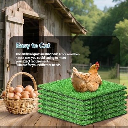 6 Pack Artificial Grass Nesting Box Pads, 12"x12" Washable Chicken Coop Liners for Egg Protection, for Chicken Coop and Pet Garden Lawn Indoor Outdoor