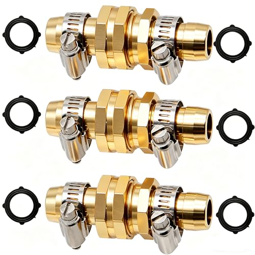 Triumpeek Garden Hose Repair Connector with Clamps | Set of 3 Aluminum Water Hose End Replacement Fit for 3/4" and 5/8" Garden Hose Fittings - color: 3 Sets - Brass