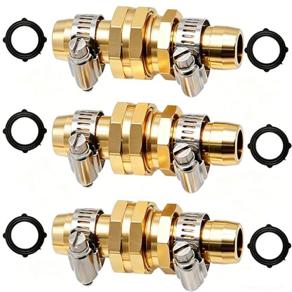 Triumpeek Garden Hose Repair Connector with Clamps | Set of 3 Aluminum Water Hose End Replacement Fit for 3/4" and 5/8" Garden Hose Fittings - color: 3 Sets - Brass