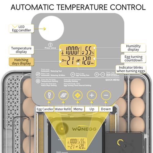 48 Egg Incubator for Hatching Eggs Auto Turning Digital Temp/Humidity Display Built-in Candler & Water Refill LED Candler for Chicken Duck Quail Birds