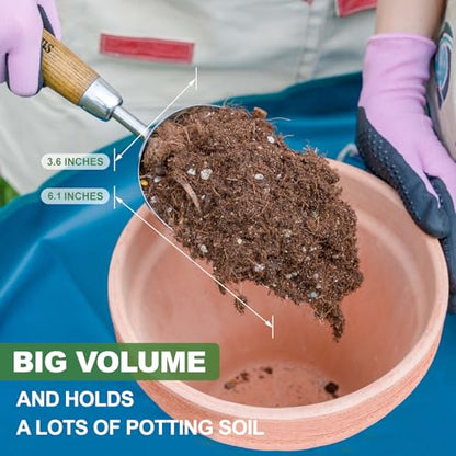 Haliaeetus Potting Soil Scoop, Bend-Proof Stainless Steel Garden Scoop, 1 Cup Big Volume Garden Hand Shovel, Comfortable Wood Handle Dirt Trowel for Transplanting, Cultivation, Composting and Planting