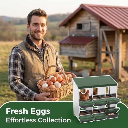 Heavy Duty Galvanized Steel Chicken Nesting Box – 6 Holes, Roll Away Egg Laying, Protective Lid, Wall Mounted or Freestanding, Easy Clean, Vented Pegboard Sides, Soft Mats, Green (Pegboard - color: Green, size: 6 Room&Mat Board