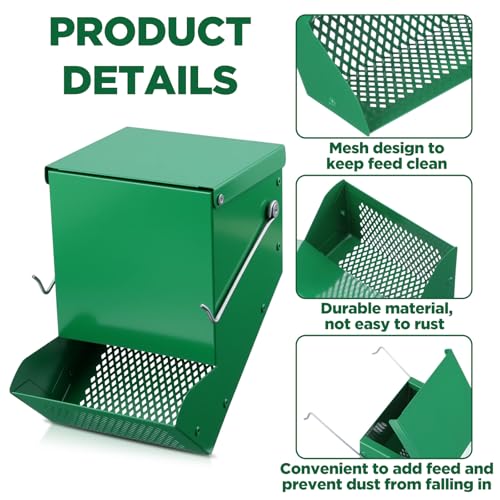 2 Pcs 4.7 Inch Small Animal Feeder with Lid, Heavy Duty Metal Food Dispenser for Rabbits, Guinea Pigs, Chinchillas, Large Capacity, Sifter Bottom, Green
