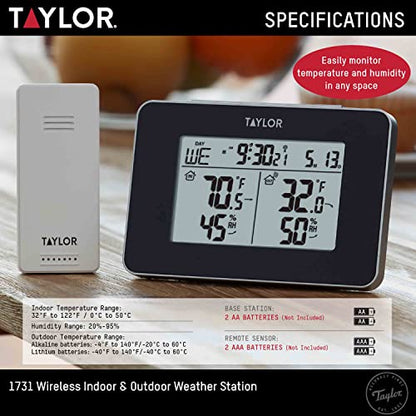 Taylor Wireless Digital Indoor Outdoor Thermometer and Hygrometer, Weather Station, Battery Powered, Alarm, Easy-to-Read Display for Home, Office, Greenhouse, Nursery, and Indoor Areas, Black