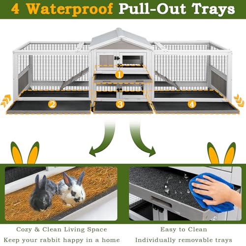 PetsCosset Double Rabbit Hutch Outdoor Indoor Large Bunny Cage with Dual Side Runs, 2-Story Wooden Hutch with 4 Leak Proof Trays, 8 Wheels, Waterproof Roof, Ramp, for Small to Medium Animals - size: 93.0"L x 22.1"W x 35.0"H